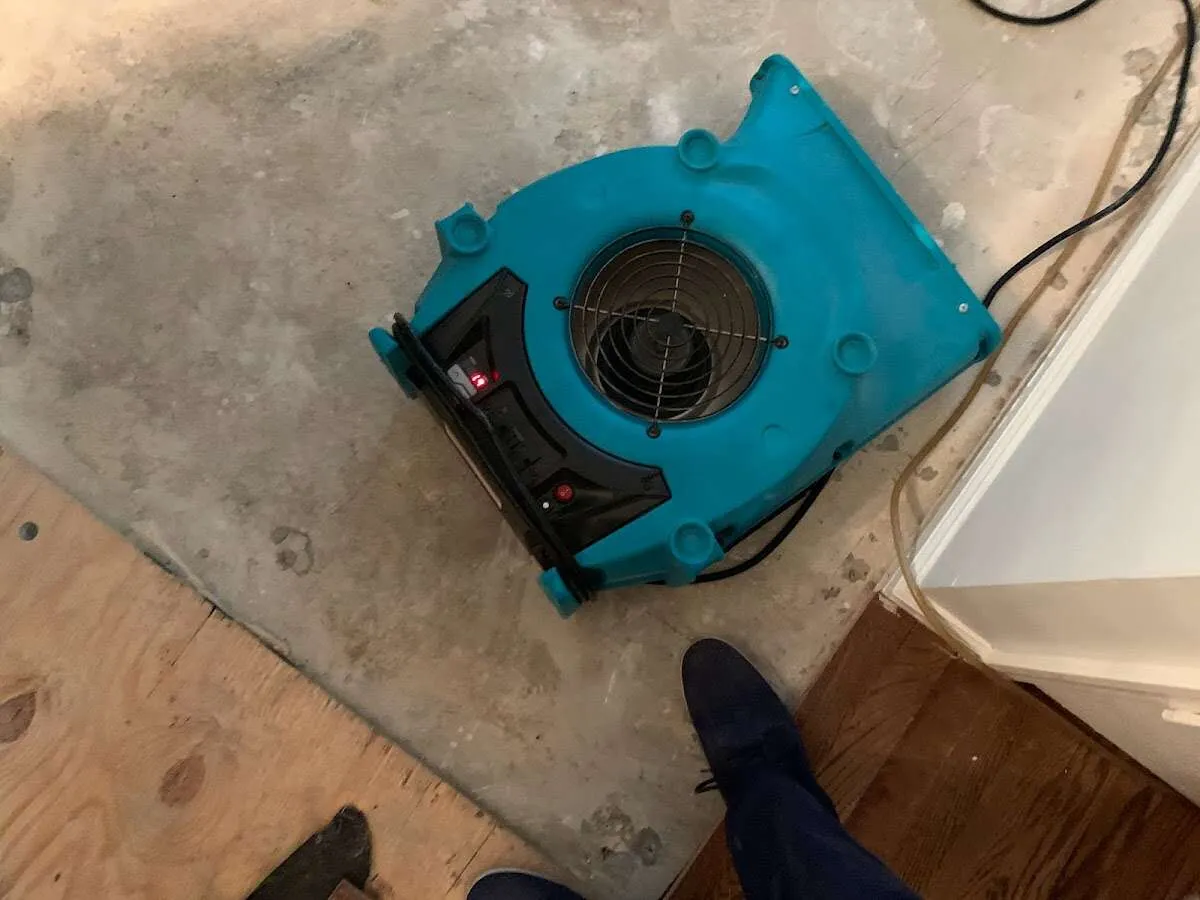 Air mover drying subfloor during Commercial Water Damage Restoration in East Milton