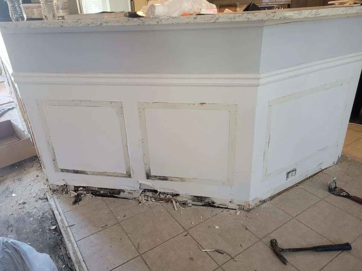 Water damage and mold on kitchen during Sewage Cleanup & Sanitation in East Milton
